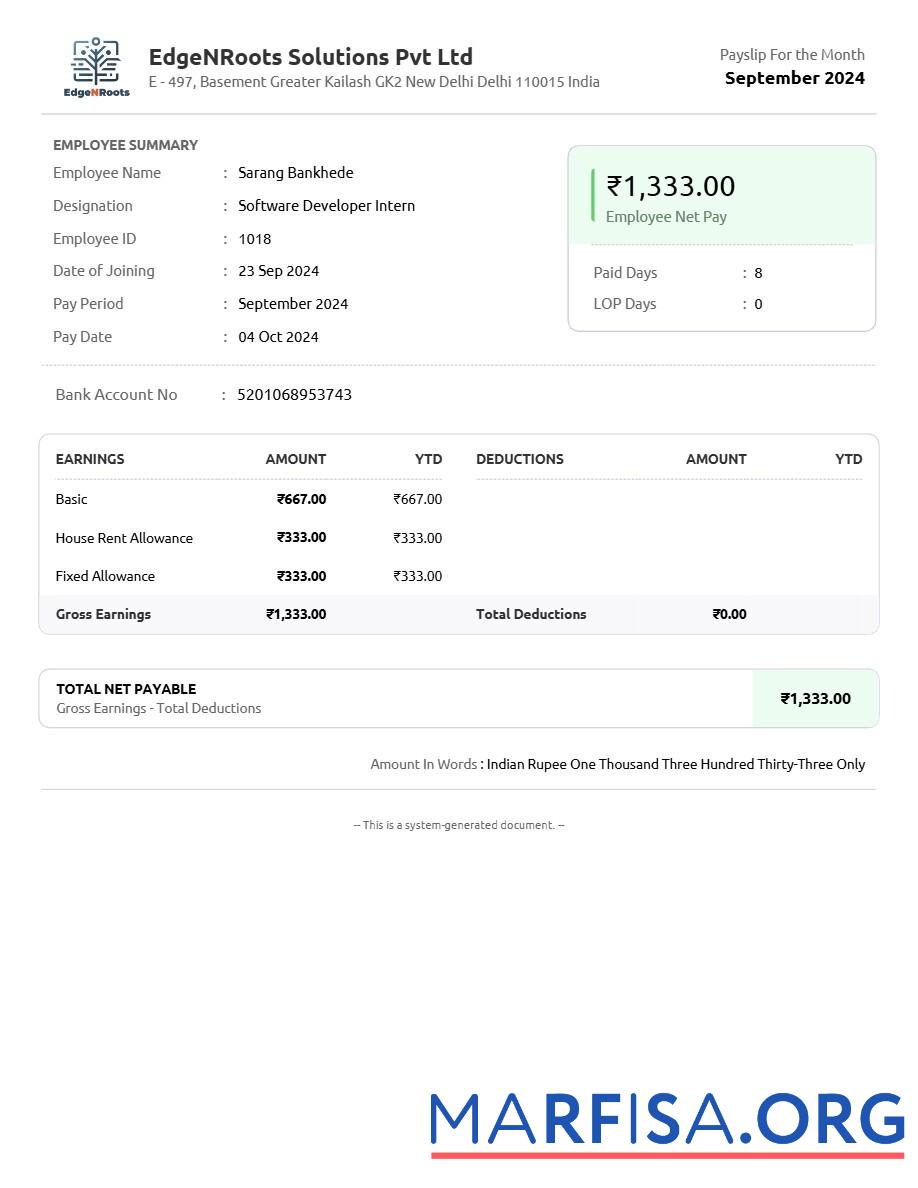 Realistic EdgeNRoots Solutions payslip example